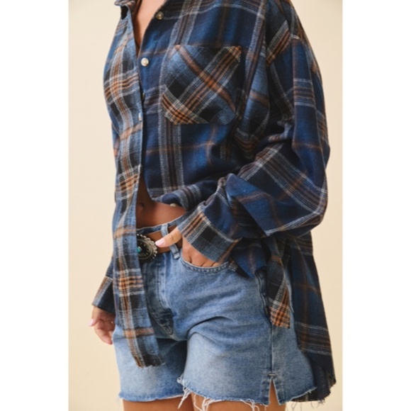 Navy Blue Kambrie Button Down Plaid Patchwork Flannel Casual Shirt - Picture 6 of 10